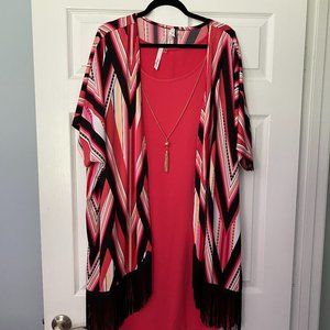 Coral and Black Sleeveless Dress with Jacket